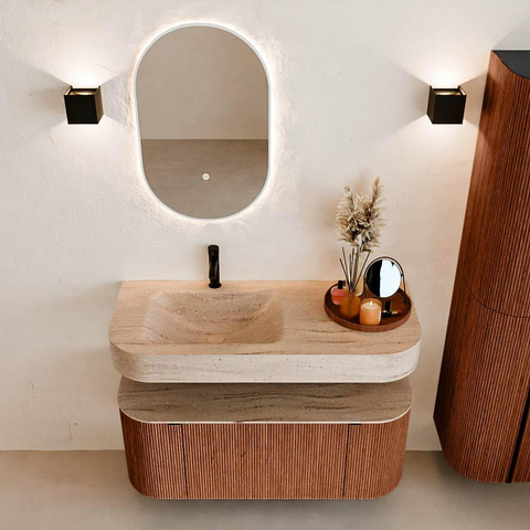 MONDIAZ THOR-DLUX Meuble de salle de bains 110cm arrondi gauche + droite couleur Ruby avec 1 tiroir et 2 portes. Vasque suspendue CLOUD Gauche 1 trou de robinet couleur Saba. SW1463015