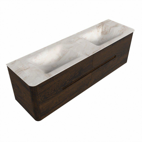Mondiaz CIRO-DLUX Badkamermeubelset - 160x45x50cm - Solid surface wastafel Frappe - 2 wasbak Dubbel - 2 kraangaten - 4 lades - Walnut SW1530214