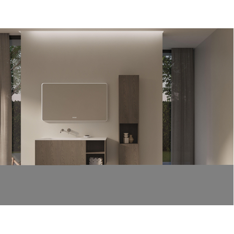 Thebalux Linea Ensemble de meubles de salle de bains - 120x55x46cm - 1 tiroir - sans poignée - Façade rainurée verticale - lavabo Corian - gauche - sans trou de robinetterie - Placage Natural SW1239570