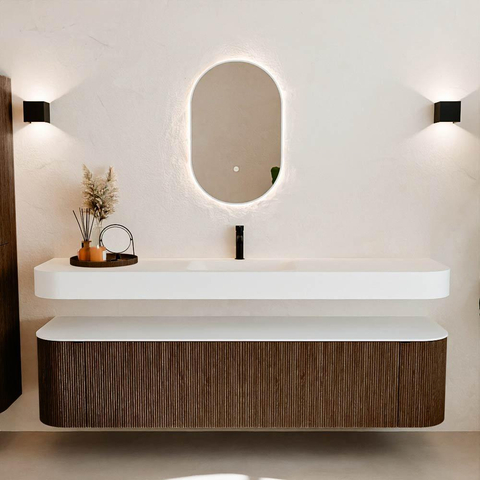 MONDIAZ THOR 190cm badmeubel ronding links + rechts kleur Walnut met 2 lades en 2 deuren. Vrijhangende wastafel CLOUD Midden 1 kraangat kleur Talc. SW1466389