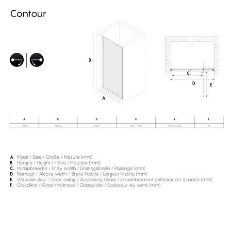 Sealskin Contour draaideur voor nis 90 cm, 200 cm hoog, zwart, 6 mm helder veiligheidsglas SW296200