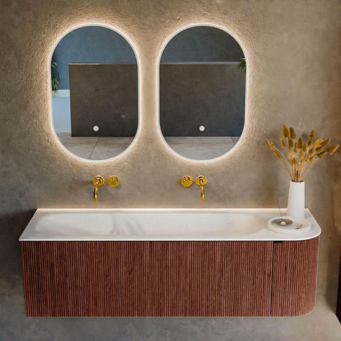 Mondiaz KURVE Ensemble de meubles de salle de bains - 145x46x40cm - 1 tiroir - 1 porte - lavabo solid surface - gauche - sans trou de robinet - Ruby SW1415298