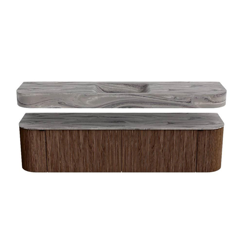 MONDIAZ THOR-DLUX 180cm badmeubel ronding links + rechts kleur Walnut met 2 lades en 2 deuren. Vrijhangende wastafel CLOUD Midden zonder kraangat kleur Sombra. SW1466277