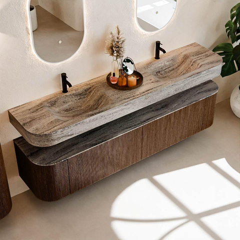 MONDIAZ THOR-DLUX 200cm meuble de salle de bains arrondi gauche + droite couleur Walnut avec 2 tiroirs et 2 portes. Vasque suspendue CLOUD Double 2 trous de robinet couleur Oza. SW1467191