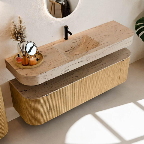 MONDIAZ THOR-DLUX 160cm badmeubel ronding links + rechts kleur Oak met 1 lade en 2 deuren. Vrijhangende wastafel CLOUD Midden 1 kraangat kleur Arena. SW1465104
