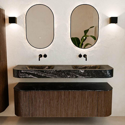 MONDIAZ THOR-DLUX 150cm badmeubel ronding links + rechts kleur Walnut met 1 lade en 2 deuren. Vrijhangende wastafel CLOUD Dubbel zonder kraangat kleur Lava. SW1464664