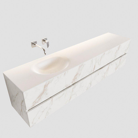 MONDIAZ VICA Ensemble de meuble salle de bain - 200cm - 4 tiroirs - lavabo Moon gauche - 0 trous de robinet - solid surface marbre carrara SW410403