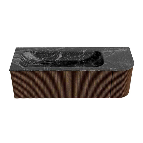 MONDIAZ KURVE-DLUX 135cm badmeubel met module 25 R kleur Walnut met 1 lade en 1 deur. Wastafel BIG MEDIUM links zonder kraangat kleur Lava. SW1137268