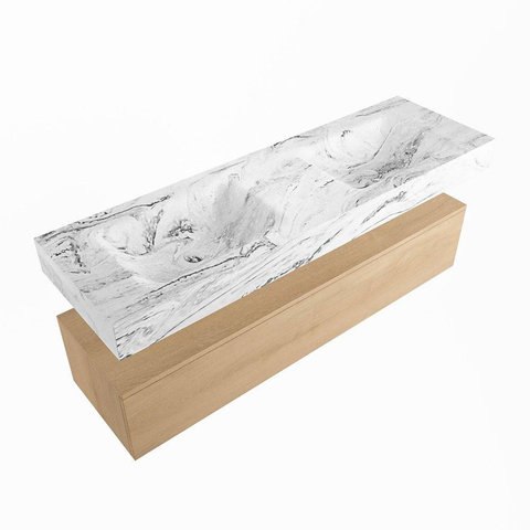 Mondiaz ALAN-DLUX Ensemble de meuble - 150cm - meuble Washed Oak mat - 1 tiroir - Lavabo Cloud Glace suspendu - vasque Gauche et droite - 2 trous de robinet SW808704
