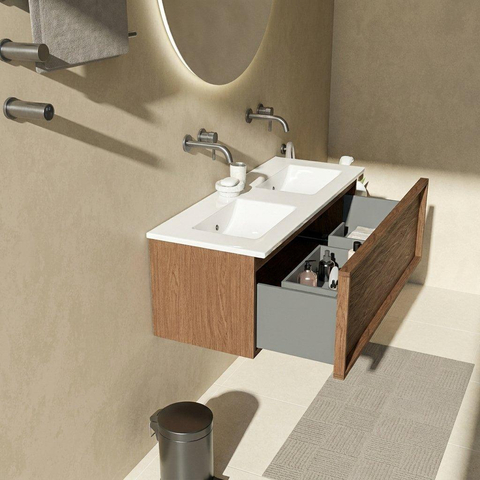 Saniclass Holz Frame Ensemble meuble de salle de bains - 120x45x42cm - Lavabo Vygo en céramique blanc - 2 vasques - sans trous de robinetterie - 1 tiroir - walnut pure mat (bois) SW1437755
