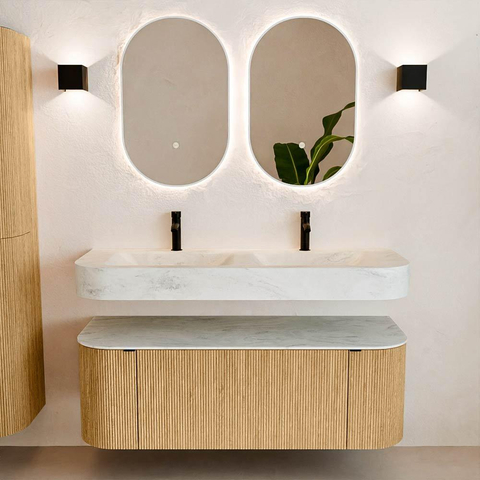 MONDIAZ THOR-DLUX 130cm meuble de salle de bains arrondi gauche + droite couleur Oak avec 1 tiroir et 2 portes. Vasque suspendue CLOUD Double 2 trous de robinet couleur Opalo. SW1463554