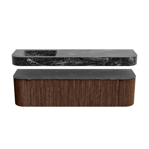 MONDIAZ THOR-DLUX 170cm badmeubel ronding links + rechts kleur Walnut met 1 lade en 2 deuren. Vrijhangende wastafel CLOUD Links 1 kraangat kleur Lava. SW1465600