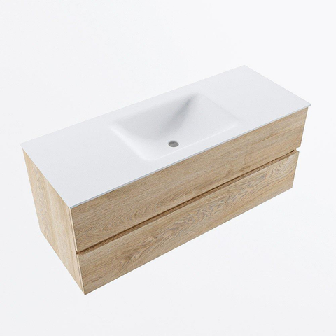 MONDIAZ VICA meuble sous lavabo 120cm Chêne blanchi 2 tiroirs. Lavabo CLOUD central sans trou de robinet, couleur Talc. SW1381905