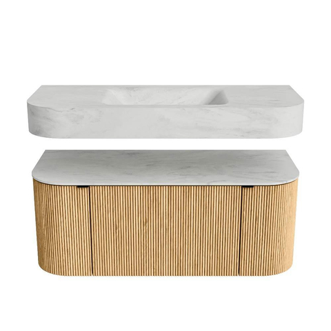 MONDIAZ THOR-DLUX Meuble de salle de bains 110cm arrondi gauche + droite couleur Oak avec 1 tiroir et 2 portes. Vasque suspendue CLOUD Milieu 1 trou de robinet couleur Opalo. SW1462741