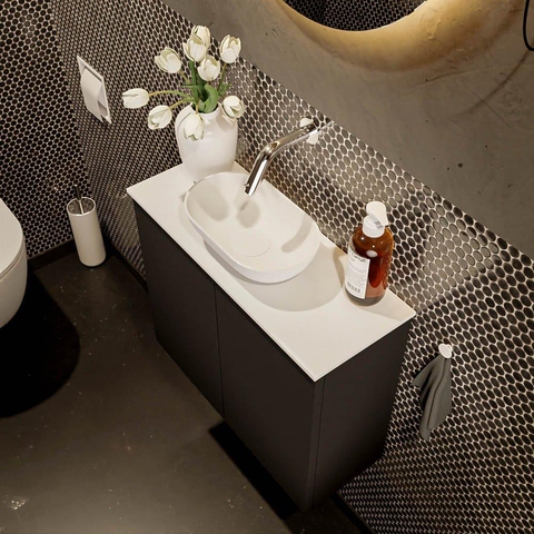 Mondiaz Fowy Meuble de toilette - 60x50x23cm - mat urbain - 0 trous de robinet - lavabo centré - 2 portes - solid surface - plan MDF - lavabo : blanc SW760865