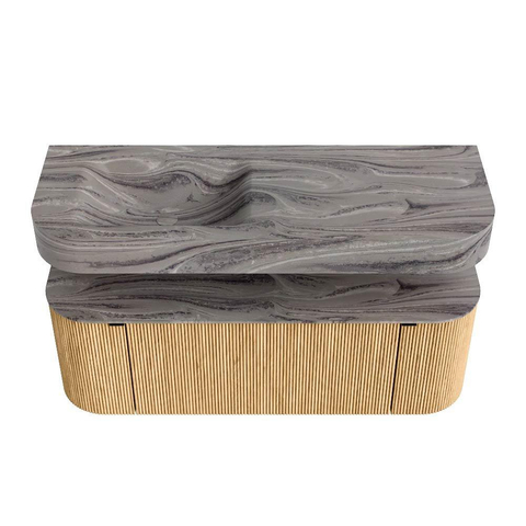 MONDIAZ THOR-DLUX 130cm badmeubel ronding links + rechts kleur Oak met 1 lade en 2 deuren. Vrijhangende wastafel CLOUD Links 1 kraangat kleur Sombra. SW1464043