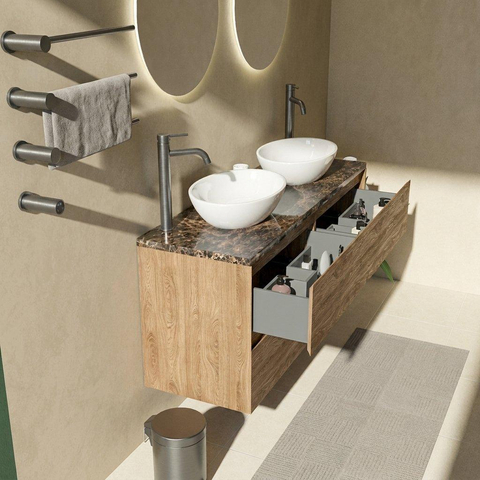 Saniclass Holz Pure Badkamermeubelset - 140x45x63cm - Noche natuurstenen topblad dark emperador - 2 kraangaten - 4 lades - mat eiken natural (hout) SW1478329