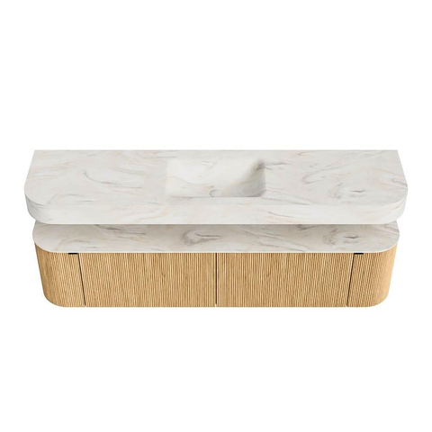 MONDIAZ THOR-DLUX 190cm badmeubel ronding links + rechts kleur Oak met 2 lades en 2 deuren. Vrijhangende wastafel CLOUD Midden zonder kraangat kleur Ostra. SW1466400