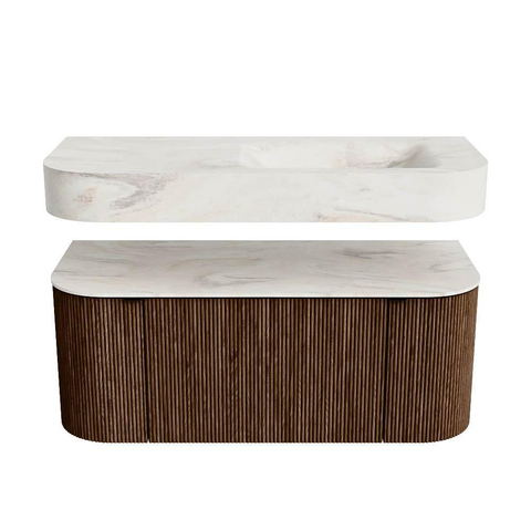 MONDIAZ THOR-DLUX 110cm badmeubel ronding links + rechts kleur Walnut met 1 lade en 2 deuren. Vrijhangende wastafel CLOUD Rechts 1 kraangat kleur Ostra. SW1462780