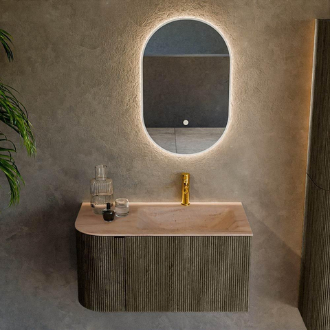 MONDIAZ KURVE-DLUX meuble de salle de bains 85cm arrondi à gauche couleur Shadow avec 1 tiroir et 1 porte. Lavabo CLOUD à droite 1 trou de robinetterie Saba. SW1433409