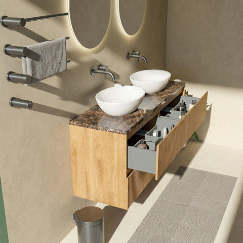Saniclass Holz Atelier Badkamermeubelset - 140x45x63cm - Noche natuurstenen topblad dark emperador - zonder kraangat - 4 lades - mat eiken natural (hout) SW1478311