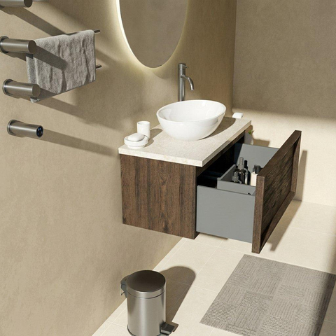 Saniclass Holz Frame Ensemble meuble salle de bains - 80x45x43cm - Plateau en pierre naturelle travertin - 1 trou de robinetterie - 1 tiroir - chêne charcoal mat (bois) SW1478848