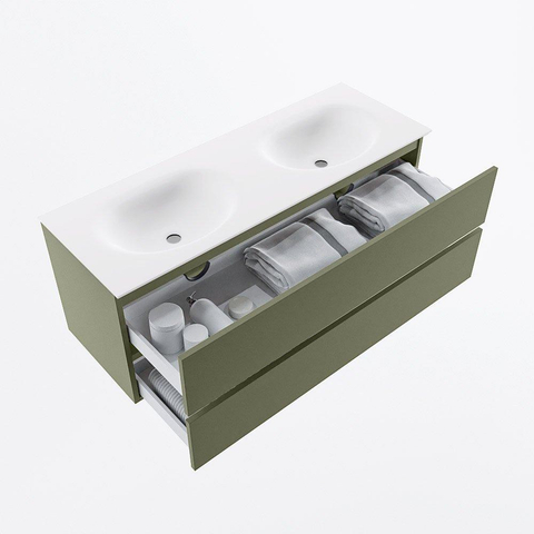Mondiaz VICA Ensemble meuble de salle de bains - 130cm - army - 2 tiroirs - Lavabo MOON - double sans trou de robinet - couleur talc - version XL 60cm de haut SW1189287