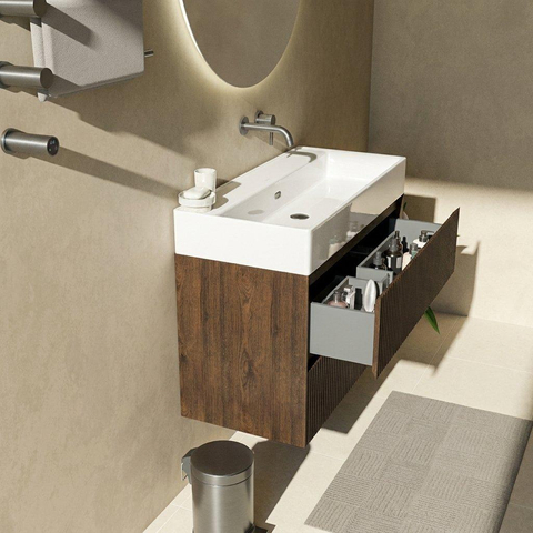 Saniclass Holz Atelier Ensemble de meubles de salle de bains - 100x45x72cm - Legend lavabo en céramique blanc - 1 vasque - sans trou de robinet - 2 tiroirs - chêne charcoal mat (bois) SW1478484