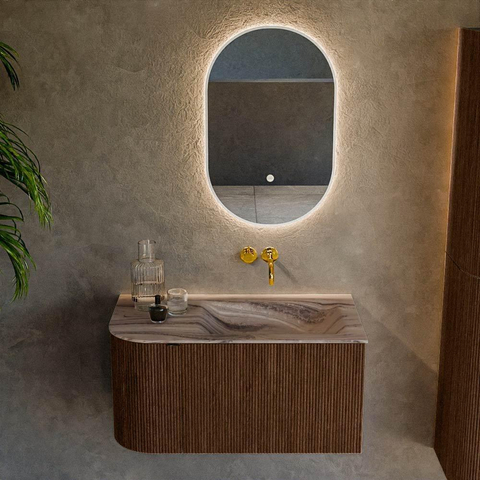 MONDIAZ KURVE-DLUX 85cm badmeubel ronding Links kleur Walnut met 1 lade en 1 deur. Wastafel CLOUD Rechts zonder kraangat Sombra. SW1433629