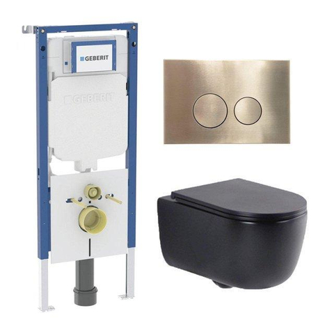 QeramiQ Dely Swirl Toiletset - 36.3x51.7cm - Geberit UP720 Duofix Sigma inbouwreservoir - slim zitting - bedieningsplaat geborsteld messing - ronde knoppen - mat zwart SW1416860