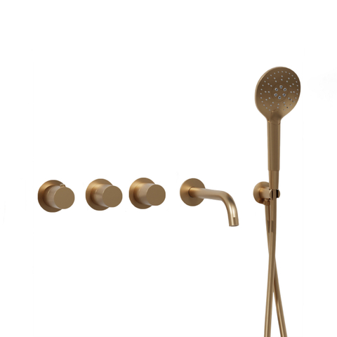 Fortifura Nebbio Ensemble combinaison bain - mitigeur thermostatique - coude mural avec support douchette - flexible de douche lisse - douchette ronde - bec verseur - laiton brossé SW1237990