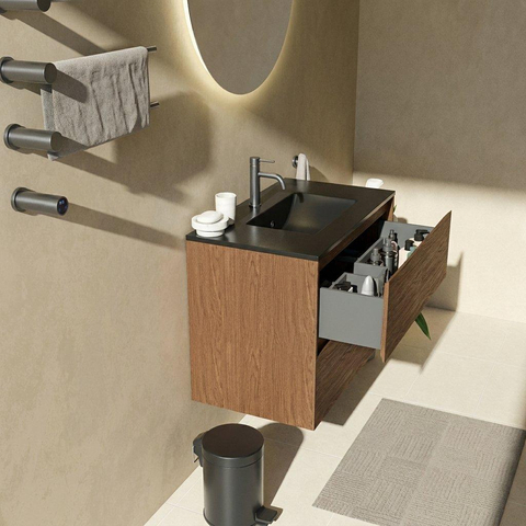 Saniclass Holz Pure Badkamermeubelset - 80x45x62cm - Vygo keramische wastafel zwart - 1 wasbak - 1 kraangat - 2 lades - mat walnut pure (hout) SW1478961