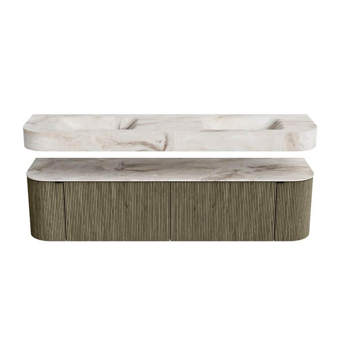 MONDIAZ THOR-DLUX 180cm meuble de salle de bains arrondi gauche + droite couleur Shadow avec 2 tiroirs et 2 portes. Vasque suspendue CLOUD Double sans trou de robinet couleur Frappe. SW1466058