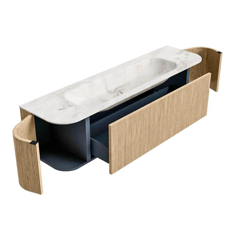 MONDIAZ KURVE-DLUX Meuble de salle de bains 170 cm avec module 25 Len R couleur Oak avec 1 tiroir et 2 portes. Lavabo BIG LARGE central sans trou de robinet couleur Frappe. SW1137362