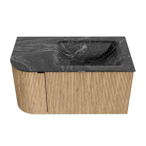 MONDIAZ KURVE-DLUX Meuble de salle de bains 85 cm avec module 25 L couleur chêne avec 1 tiroir et 1 porte. Lavabo CLOUD à droite sans trou de robinet couleur lave. SW1138085