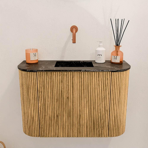 Mondiaz JOYA-DLUX 63.2cm toiletmeubel - ronding links en rechts kleur Oak - Wastafel FAYE positie Midden Zonder kraangat kleur Lava. SW1422117