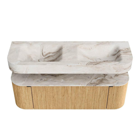 MONDIAZ THOR-DLUX 140cm meuble de salle de bains arrondi gauche + droite couleur Oak avec 1 tiroir et 2 portes. Vasque suspendue CLOUD Double 2 trous de robinet couleur Frappe. SW1463891