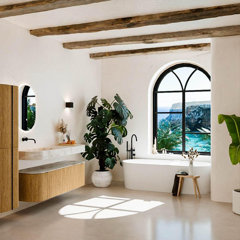 MONDIAZ THOR-DLUX 150cm badmeubel ronding links + rechts kleur Oak met 1 lade en 2 deuren. Vrijhangende wastafel CLOUD Links zonder kraangat kleur Frappe. SW1464585
