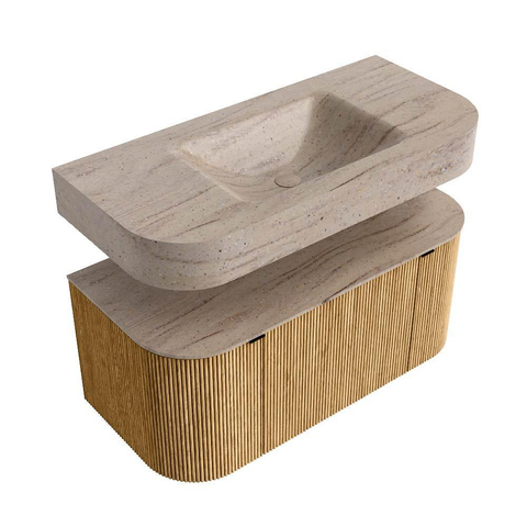 MONDIAZ THOR-DLUX 100cm badmeubel ronding links + rechts kleur Oak met 1 lade en 2 deuren. Vrijhangende wastafel CLOUD Midden zonder kraangat kleur Saba. SW1467550