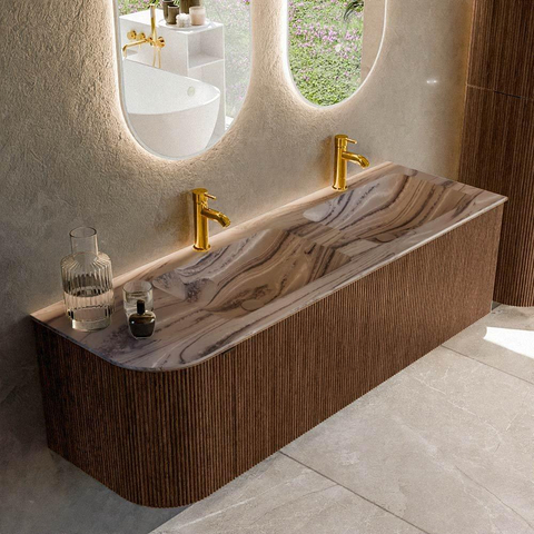 MONDIAZ KURVE-DLUX Meuble de salle de bains 145cm arrondi à gauche couleur Walnut avec 1 tiroir et 1 porte. Lavabo LEAF Double / Droite 2 trous de robinet Sombra. SW1433694