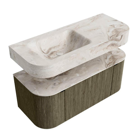 MONDIAZ THOR-DLUX 110cm badmeubel ronding links + rechts kleur Shadow met 1 lade en 2 deuren. Vrijhangende wastafel CLOUD Links 1 kraangat kleur Frappe. SW1462900