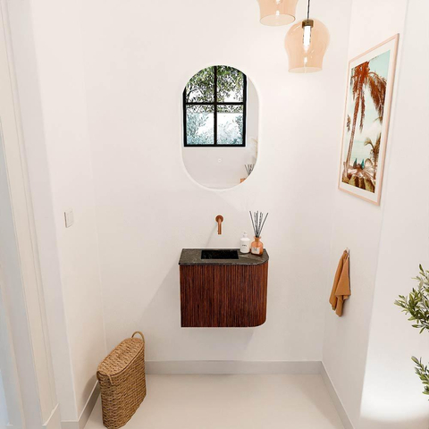 Mondiaz JOYA-DLUX 51.6cm toiletmeubel - ronding rechts kleur Ruby - Wastafel FAYE positie Links Zonder kraangat kleur Lava. SW1423659