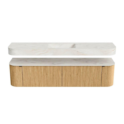 MONDIAZ THOR-DLUX 190cm meuble de salle de bains arrondi gauche + droite couleur Oak avec 2 tiroirs et 2 portes. Vasque suspendue CLOUD Milieu 1 trou de robinet couleur Ostra. SW1466402