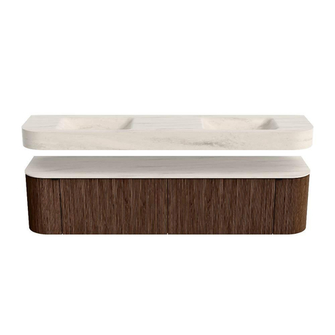 MONDIAZ THOR-DLUX Meuble de salle de bains - 190cm - arrondi gauche + droite - couleur Walnut - 2 tiroirs et 2 portes - Vasque suspendue CLOUD Double 2 trous de robinet - couleur Meli SW1466738