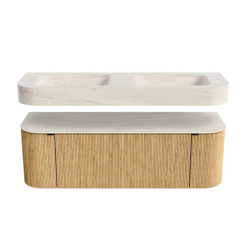 MONDIAZ THOR-DLUX 140cm meuble de salle de bains arrondi gauche + droite couleur Oak avec 1 tiroir et 2 portes. Vasque suspendue CLOUD Double 2 trous de robinet couleur Meli. SW1464409