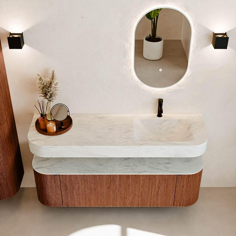 MONDIAZ THOR-DLUX 150cm meuble de salle de bains arrondi gauche + droite couleur Ruby avec 1 tiroir et 2 portes. Vasque suspendue CLOUD Droite 1 trou de robinet couleur Opalo. SW1464594