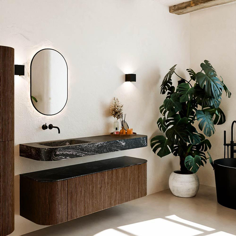MONDIAZ THOR-DLUX 150cm badmeubel ronding links + rechts kleur Walnut met 1 lade en 2 deuren. Vrijhangende wastafel CLOUD Links zonder kraangat kleur Lava. SW1464661