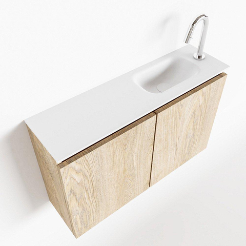 MONDIAZ TURE Kit lave-mains - 80x23x50cm - 1 trou de robinet - 2 portes - chêne blanchi mat - Lavabo à droite - Solid Surface Blanc SW475161