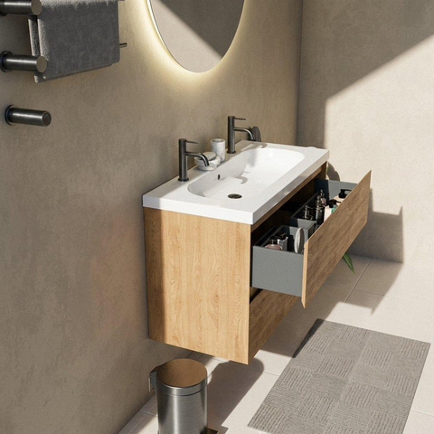 Saniclass Holz Pure Badkamermeubelset - 100x45x63.5cm - Palermo keramische wastafel wit - 1 wasbak - 2 kraangaten - 2 lades - mat eiken natural (hout) SW1478626
