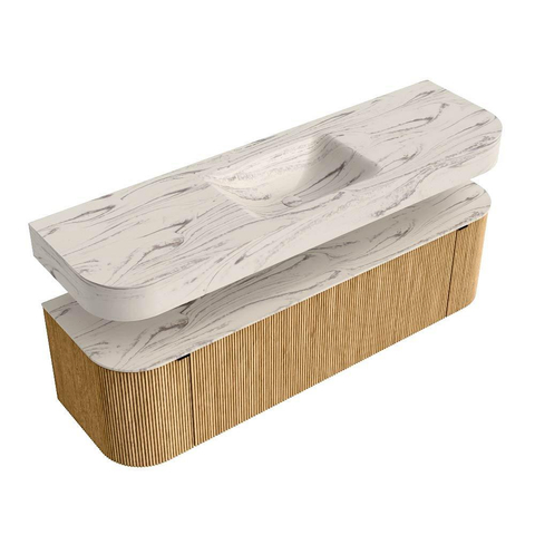 MONDIAZ THOR-DLUX 160cm badmeubel ronding links + rechts kleur Oak met 1 lade en 2 deuren. Vrijhangende wastafel CLOUD Midden zonder kraangat kleur Nata. SW1465251